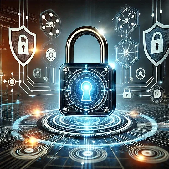 Futuristic digital security concept featuring a glowing padlock surrounded by cybersecurity elements such as encrypted codes, shield icons, and interconnected networks. The background includes a sleek interface hinting at password management software, symbolizing strong password protection and data security in a high-tech business environment
